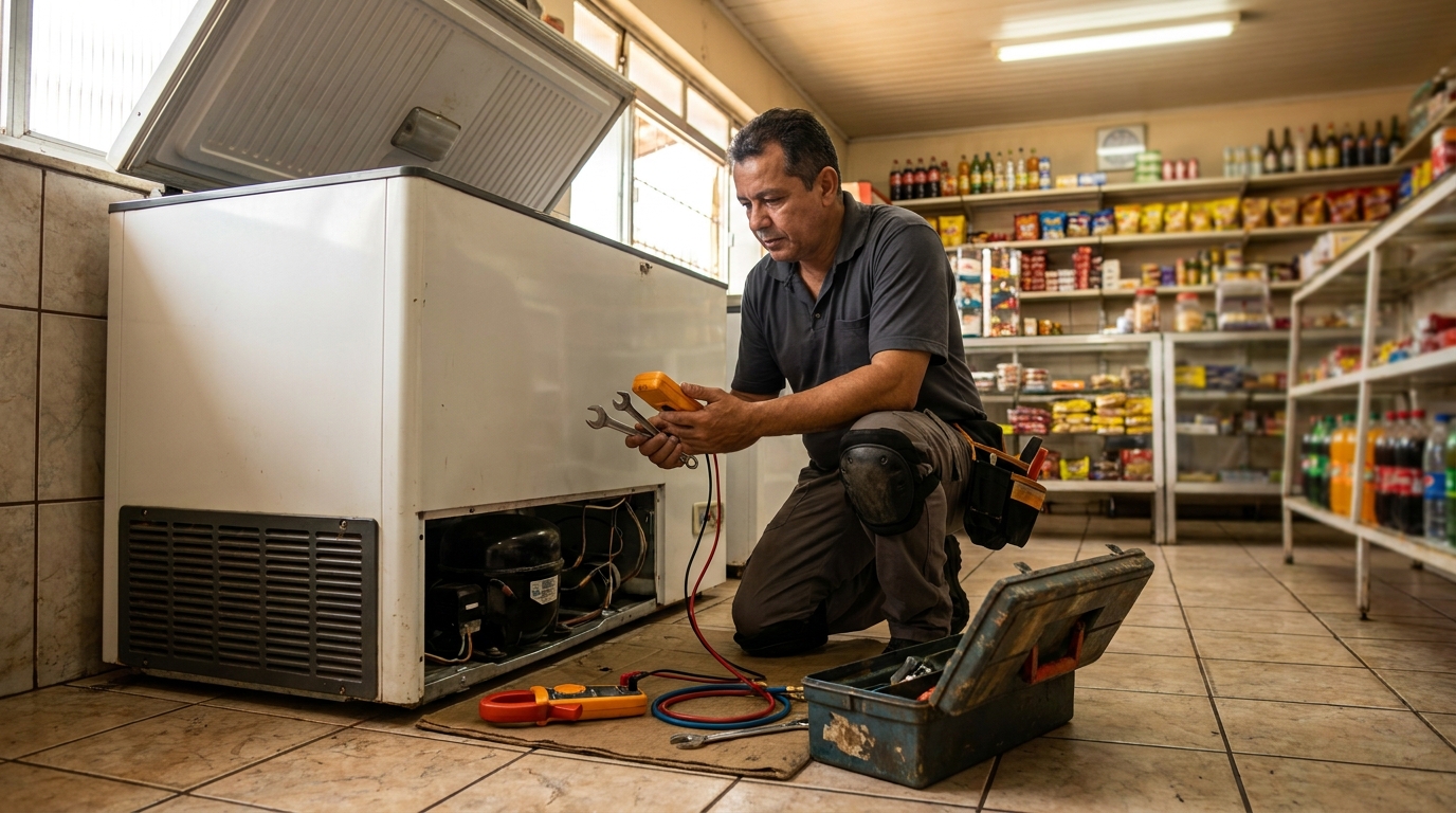 Técnico realizando manutenção de motor de freezer em Joinville‑SC