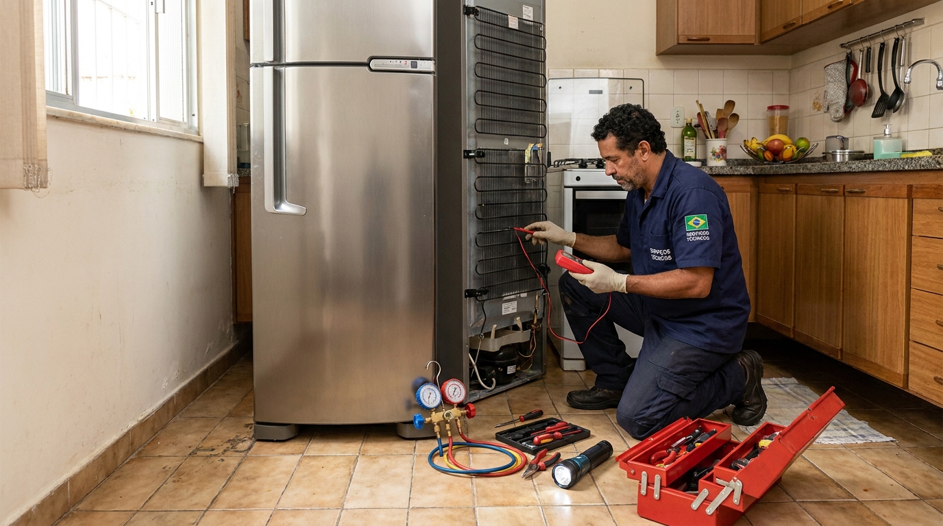 Técnico realizando manutenção de motor de geladeira no Centro, Joinville‑SC