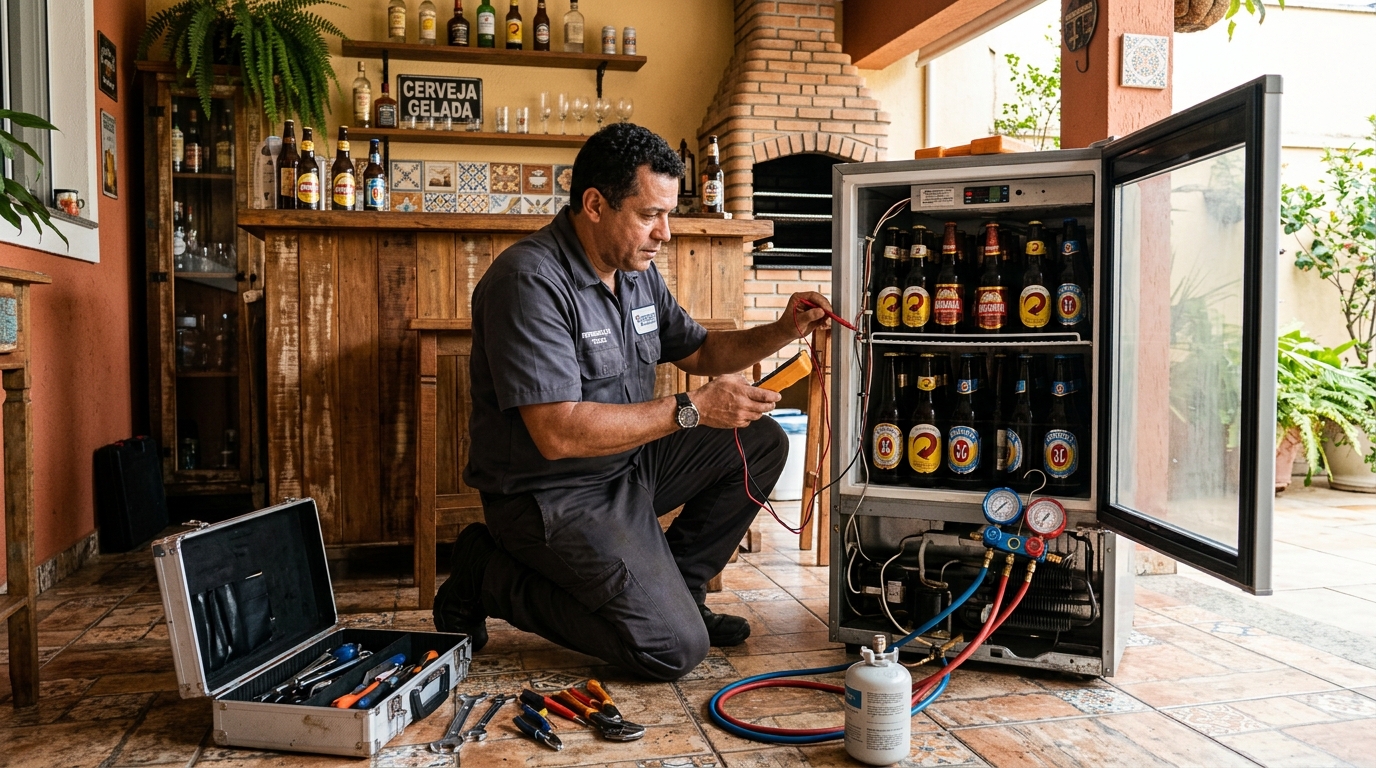 Recarga de gás refrigerante em cervejeira em atendimento no Jardim Sofia, Joinville‑SC